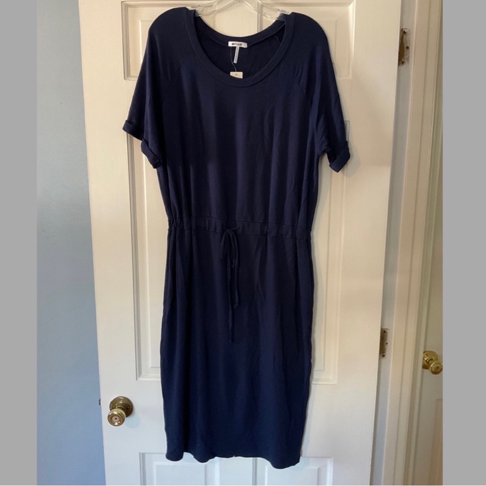 Anthropologie LAmade Dress Blue Short Cuffed Sleeves Drawstring Waist L NWOT